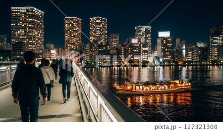 橋を渡る人々と川を走る屋形船 橋を渡る人々と川を走る屋形船 127321308