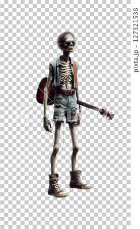 A skinny zombie carrying an old guitar. 127321538