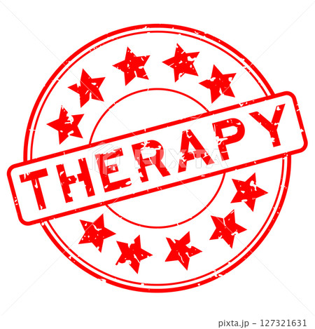 Grunge red therapy word with star icon round rubber seal stamp on white background 127321631