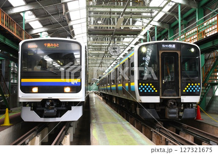 車両基地で並ぶ209系(C409編成)とE131系(R12編成) 車両基地で並ぶ209系(C409編成)とE131系(R12編成) 127321675