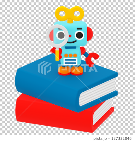 A cute robot with a magnifying glass sitting on a book 127321846