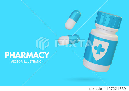 Pharmacy poster, banner with 3d Realistic Pharmaceutical Bottle and capsule pill tablet. Advertising for hospital or pharmaceutical company. Sign for pharmacy. Vector illustration Pharmacy poster, banner with 3d Realistic Pharmaceutical Bottle and capsule pill tablet. Advertising for hospital or pharmaceutical company. Sign for pharmacy. Vector illustration 127321889
