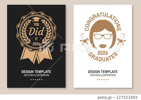 Set of posters and banners for class of 2026 graduation. Vector. Congratulations graduates banner sticker card with academic hat for high school or college graduation 127321893