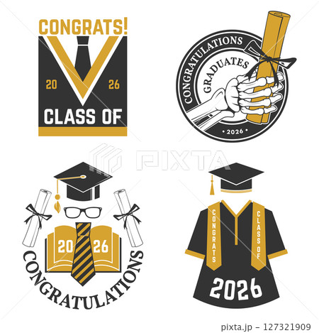 Set of Vector Class of 2026 badges. Vector illustration. Concept for shirt, print, seal, overlay or stamp, greeting, invitation card. Typography design. For class of 2026 graduation. 127321909