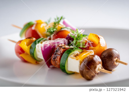 Close up skewers with vegetables and greens. Close up skewers with vegetables and greens. 127321942