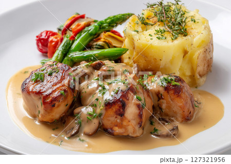 Plated fine dining style with sides. Western food concept. Plated fine dining style with sides. Western food concept. 127321956
