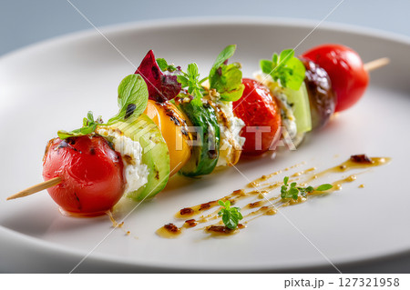 Skewers plated on white with a fancy touch. 127321958