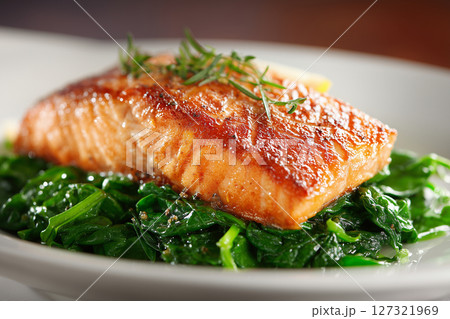 Close up of Grilled fish filet with crispy skin on greens. Close up of Grilled fish filet with crispy skin on greens. 127321969