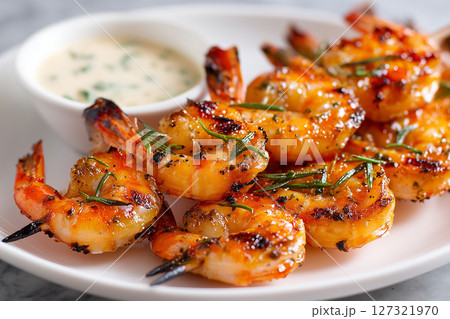 Fine dine of grilled prawns with vegetables. Seafood concept 127321970