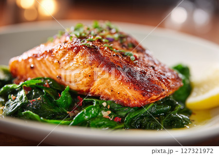 45 degree view of Close up of Grilled fish filet with crispy skin on greens. 45 degree view of Close up of Grilled fish filet with crispy skin on greens. 127321972