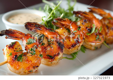 Close up of grilled prawns with vegetables. Seafood concept Close up of grilled prawns with vegetables. Seafood concept 127321973