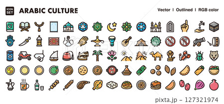 中東、アラブ文化のアイコンセット イスラム文化、食、観光向けベクター素材 中東、アラブ文化のアイコンセット イスラム文化、食、観光向けベクター素材 127321974