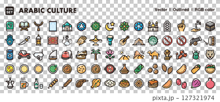 中東、アラブ文化のアイコンセット イスラム文化、食、観光向けベクター素材 中東、アラブ文化のアイコンセット イスラム文化、食、観光向けベクター素材 127321974