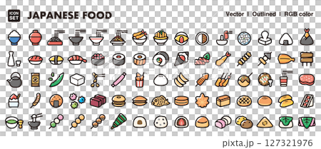 日本料理和食物圖示集。日本料理、壽司、日本糖果和小吃的向量素材 127321976