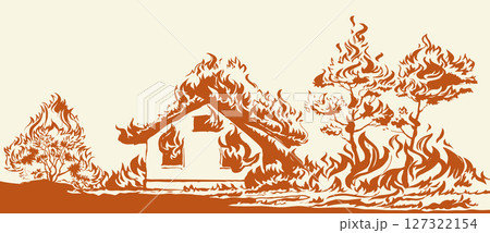 Vector drawing. Burning house and trees Vector drawing. Burning house and trees 127322154