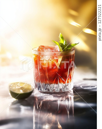 Cocktail with syrup, ice cubes, lime, and mint on vibrant blurred background, fresh and colorful look. Cocktail with syrup, ice cubes, lime, and mint on vibrant blurred background, fresh and colorful look. 127322221