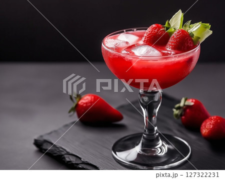 Strawberry daiquiri in cocktail glass on black background with fresh strawberries beside it. 127322231