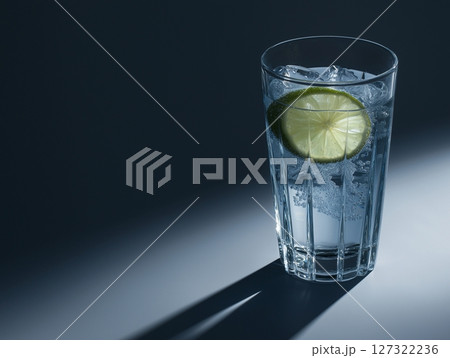 Glass of sparkling water with lime on gray background, sharp contrast lighting, fresh and crisp. 127322236