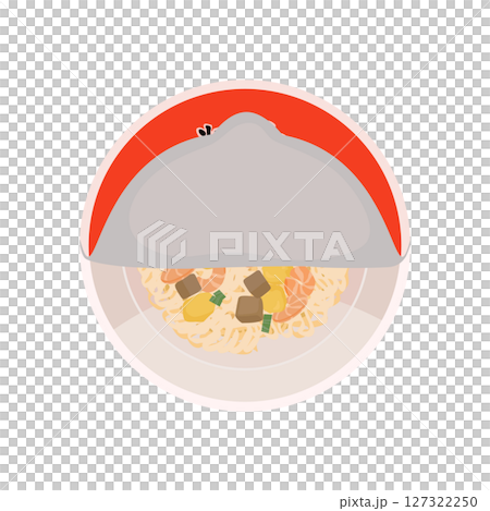Illustration of an opened cup of soy sauce flavored instant noodles Illustration of an opened cup of soy sauce flavored instant noodles 127322250