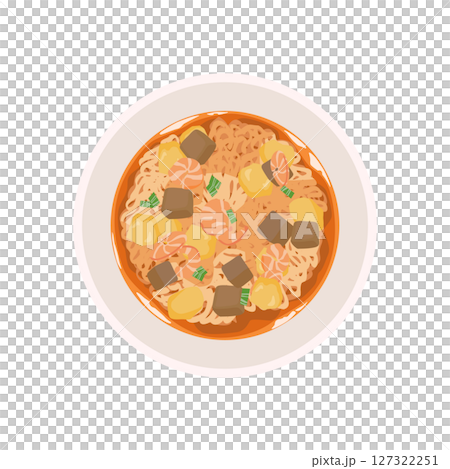 Illustration of soy sauce flavored instant noodles poured with hot water 127322251
