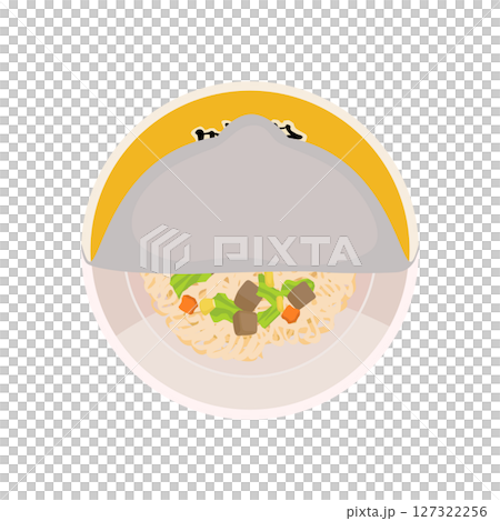 Illustration of opening the lid of a miso-flavored cup noodle 127322256