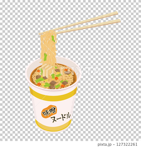 味噌味のカップ麺を割りばしで食べるイラスト 127322261