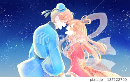 向かい合う織姫と彦星イメージ 星空 向かい合う織姫と彦星イメージ 星空 127322790