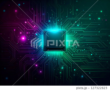 ピンクとパープルの光で彩られた未来的マザーボードのクローズアップ 127322823