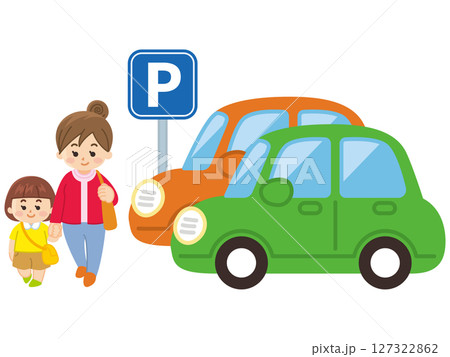 駐車場を手を繋いで歩く親子 駐車場を手を繋いで歩く親子 127322862