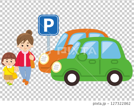 駐車場を手を繋いで歩く親子 駐車場を手を繋いで歩く親子 127322862