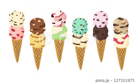 コーンに入ったいろいろなフレーバーのダブルアイスクリームのイラストセット コーンに入ったいろいろなフレーバーのダブルアイスクリームのイラストセット 127322875