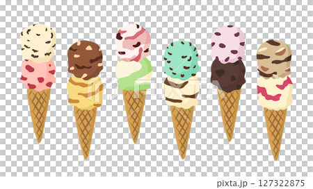 插圖組雙份冰淇淋，不同口味的蛋筒 127322875