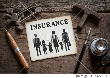 Family Representation and Insurance Concept with Vintage Tools on Wooden Background 127322893
