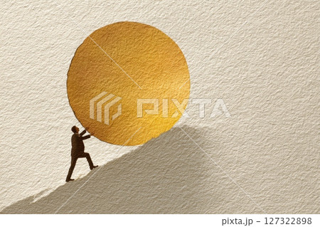Person Pushing Large Round Object Uphill Representing Business Challenge and Determination Person Pushing Large Round Object Uphill Representing Business Challenge and Determination 127322898