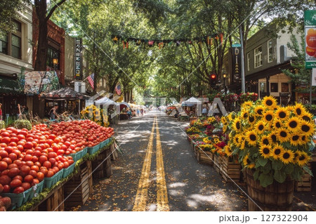Bustling Farmers Market Scene on Vibrant Street with Fresh Produce and Colorful Flowers Bustling Farmers Market Scene on Vibrant Street with Fresh Produce and Colorful Flowers 127322904