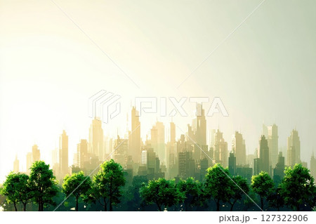 Seamless Frame of City Skyline Surrounded by Lush Trees in Soft Morning Light 127322906