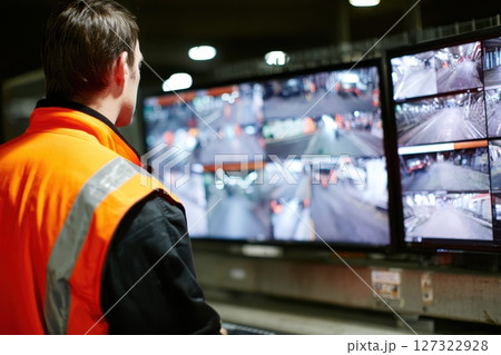 Security Guard Reviewing CCTV Footage for Suspicious Activity in Facilities Management 127322928