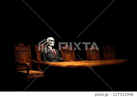 Full Body Skeleton Dressed in Formal Suit Sitting Stiffly at a Conference Table in Dark Room 127322946