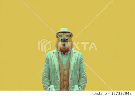 Cool Capybara in Mint Green Linen Suit with Sunglasses Against Yellow Background 127322948