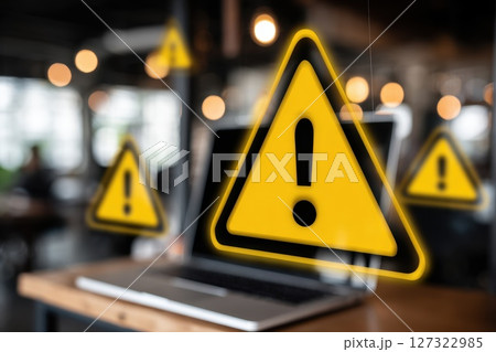Dimly Lit Modern Office with Caution Symbols Floating Above a Laptop on a Wooden Desk Dimly Lit Modern Office with Caution Symbols Floating Above a Laptop on a Wooden Desk 127322985