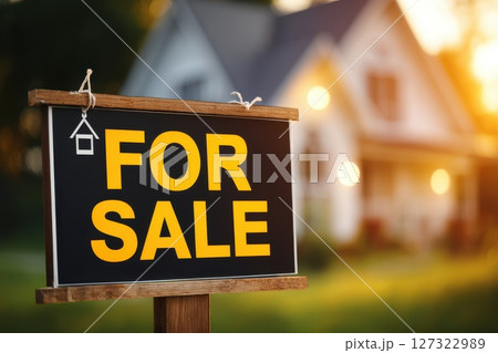 Real Estate Sign on Empty Land Beside Newly Completed Residential Property for Sale 127322989