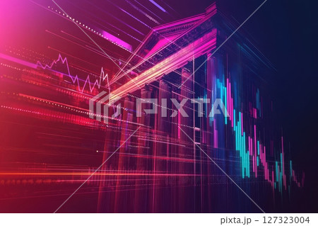 A colorful abstract image of a building with a stock market charts and graphs, futuristic, high-tech environment, financial and investment concept banner A colorful abstract image of a building with a stock market charts and graphs, futuristic, high-tech environment, financial and investment concept banner 127323004