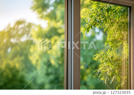 Close Up of Sliding Glass Door Leading to Green Balcony with Natural Light and Foliage 127323035