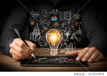 Creative Drawing for Startup Founder in Educational Business Mode with Lightbulb Idea Concept Creative Drawing for Startup Founder in Educational Business Mode with Lightbulb Idea Concept 127323045