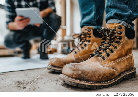 Two Workers in Construction Zone Wearing Boots with Focus on Footwear and Tools Nearby Two Workers in Construction Zone Wearing Boots with Focus on Footwear and Tools Nearby 127323056