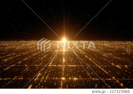 Abstract Representation of Solar Panels Absorbing Light Rays in an Expansive Cosmic Setting 127323066