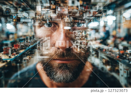 Double Exposure Introspective Worker Portrait Merging with Factory Gears in Industrial Environment Double Exposure Introspective Worker Portrait Merging with Factory Gears in Industrial Environment 127323073