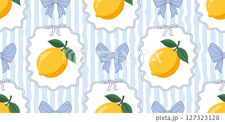 Seamless pattern with lemons and bows on blue wavy stripes. Summer repeating fruit pattern. Mediterranean coastal design background. 127323128