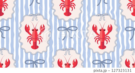 Seamless pattern with lobsters and bows on blue and white wavy stripes. Summer repeating seafood pattern. Mediterranean coastal background. Seamless pattern with lobsters and bows on blue and white wavy stripes. Summer repeating seafood pattern. Mediterranean coastal background. 127323131