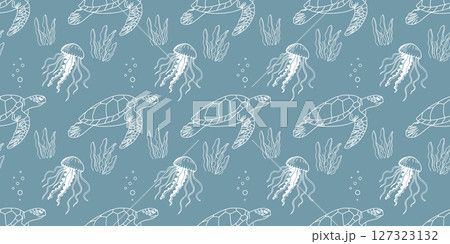 Seamless ocean life pattern with sea turtles, jellyfish and seaweed. Hand drawn marine elements on blue background for fabric, packaging. Seamless ocean life pattern with sea turtles, jellyfish and seaweed. Hand drawn marine elements on blue background for fabric, packaging. 127323132